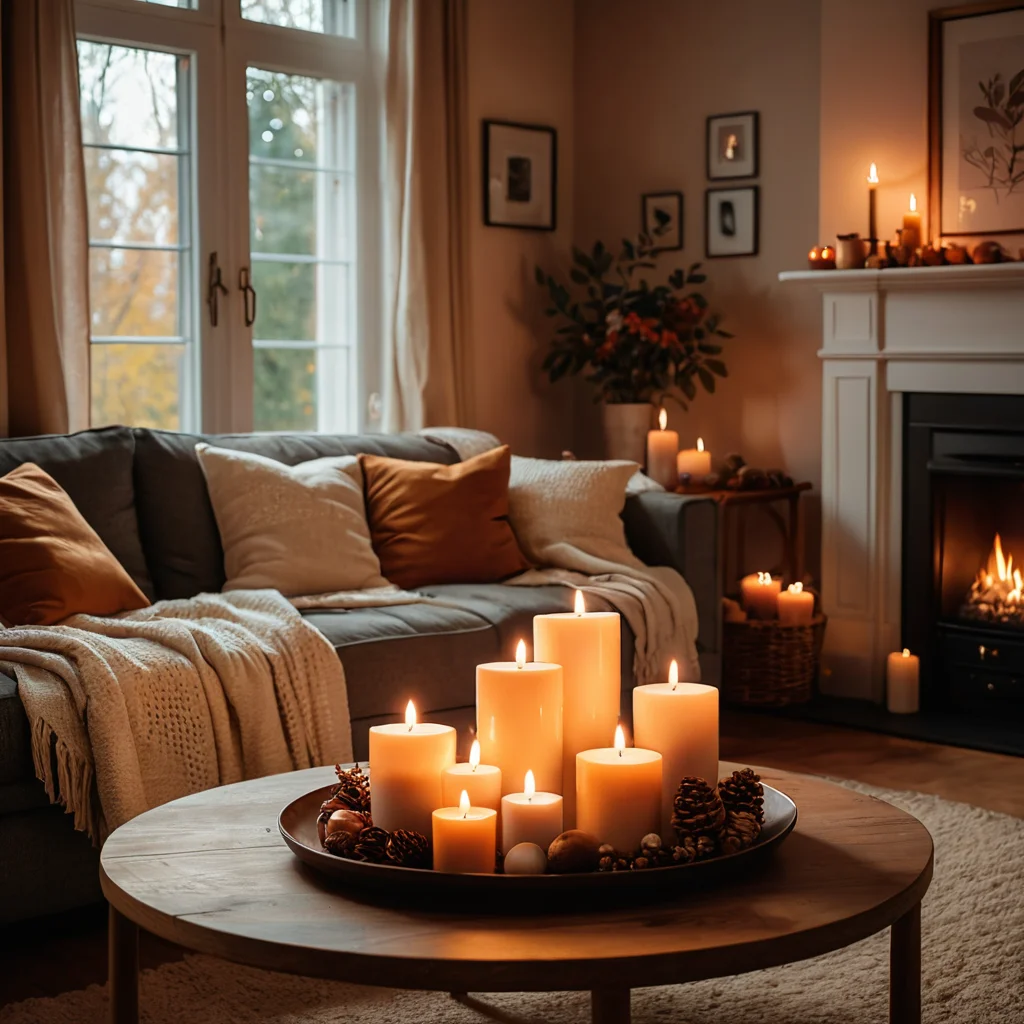 Уютная гостиная с камином, освещенная мягким светом горящих свечей, создающая особую осеннюю атмосферу благодаря теплым оттенкам в декоре.