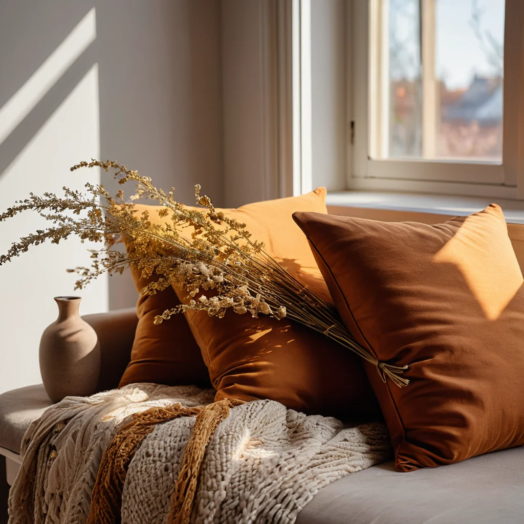 Крупный план декоративных подушек терракотового и горчичного цвета, керамическая ваза с сухоцветами, солнечный луч, падающий из окна, передающие психологию цвета осени и влияющие на настроение.