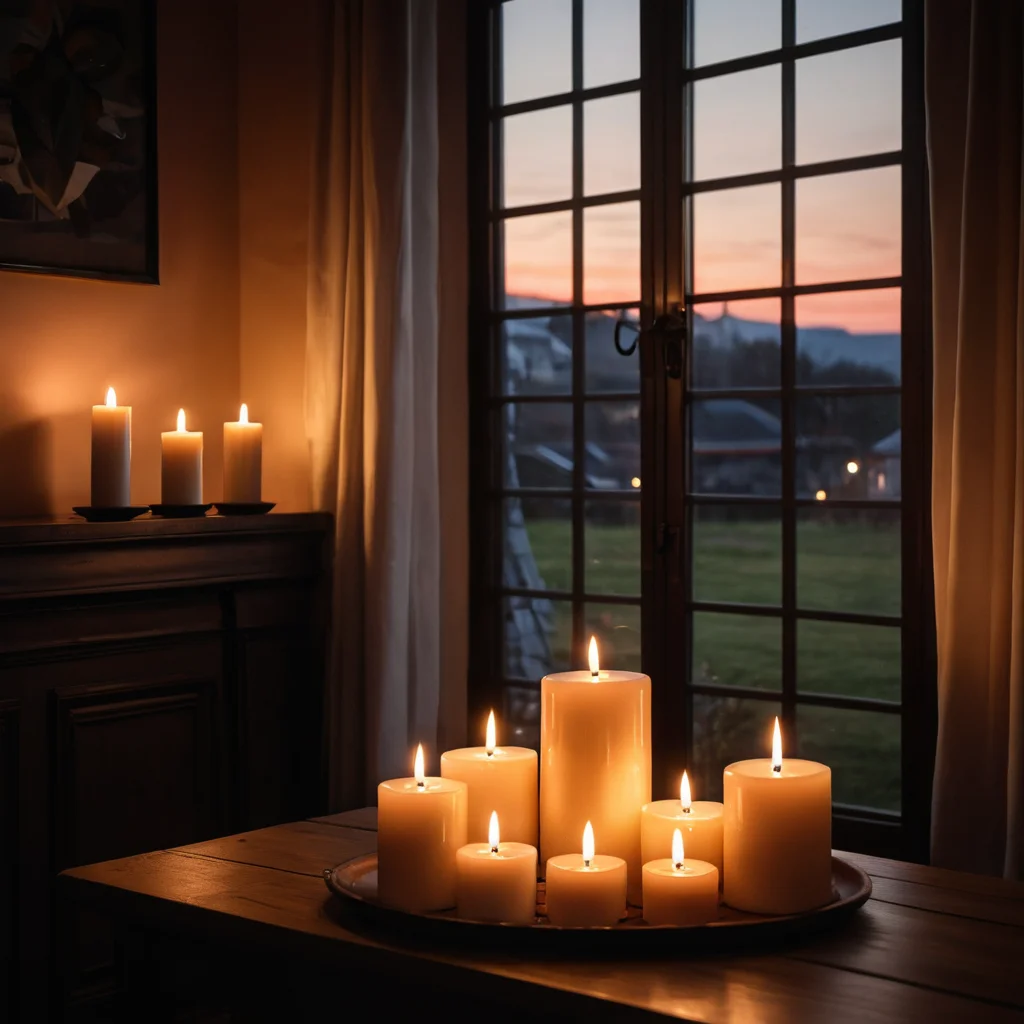 Вечерняя сцена в приглушенно освещенной комнате, где множество массивных свечей отбрасывают теплый свет, создавая ощущение спокойствия и уюта через световую терапию.