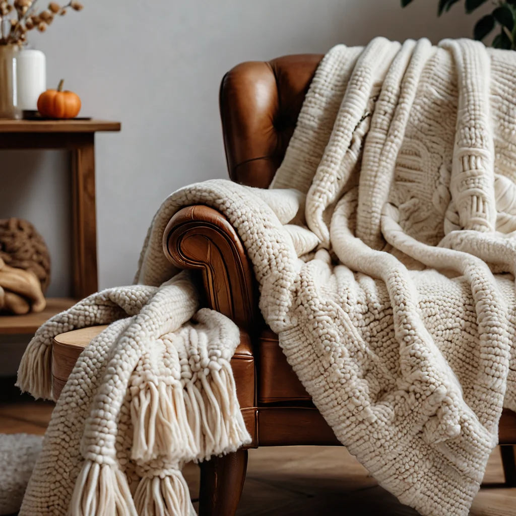 Крупный план вязаного шерстяного пледа, небрежно наброшенного на деревянное кресло, рядом с мягкими хлопковыми подушками и текстурным ковром, демонстрирующими тактильный комфорт осеннего интерьера.