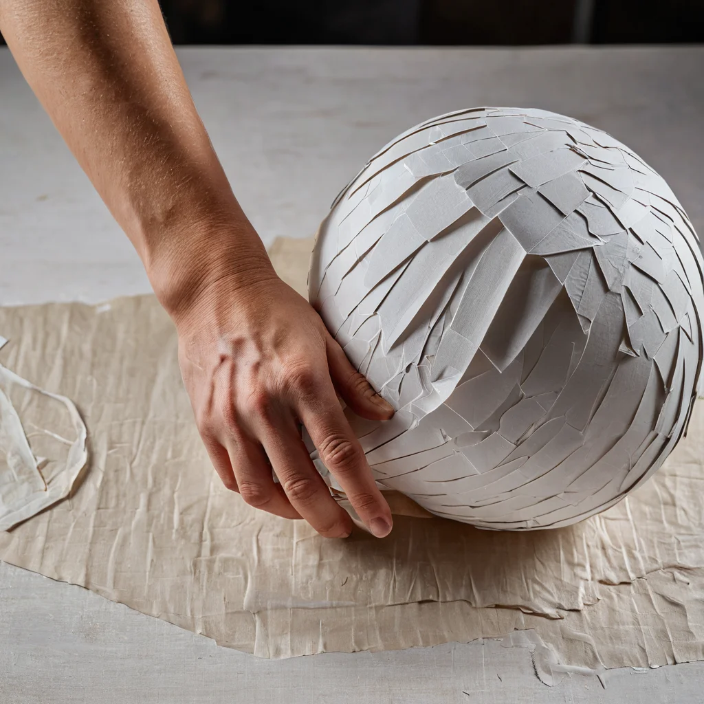 Мастер-класс по папье-маше методом маширования: вид на изделие в процессе создания, где отчетливо видны несколько слоев бумажных полосок, аккуратно нанесенных на основу, формирующих прочную структуру.