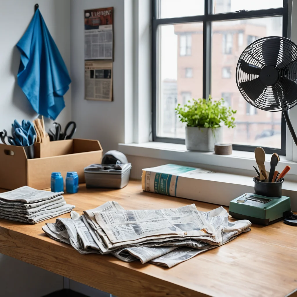 Подготовленное рабочее пространство для мастер-класса по папье-маше: стол покрыт защитной пленкой, материалы аккуратно разложены, перчатки и фартук готовы к использованию, обеспечивая безопасную и эффективную работу.