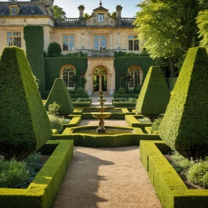 Классический партерный газон с геометрическими узорами, аккуратно подстриженными кустарниками и фонтаном, на фоне величественного поместья в солнечный день.