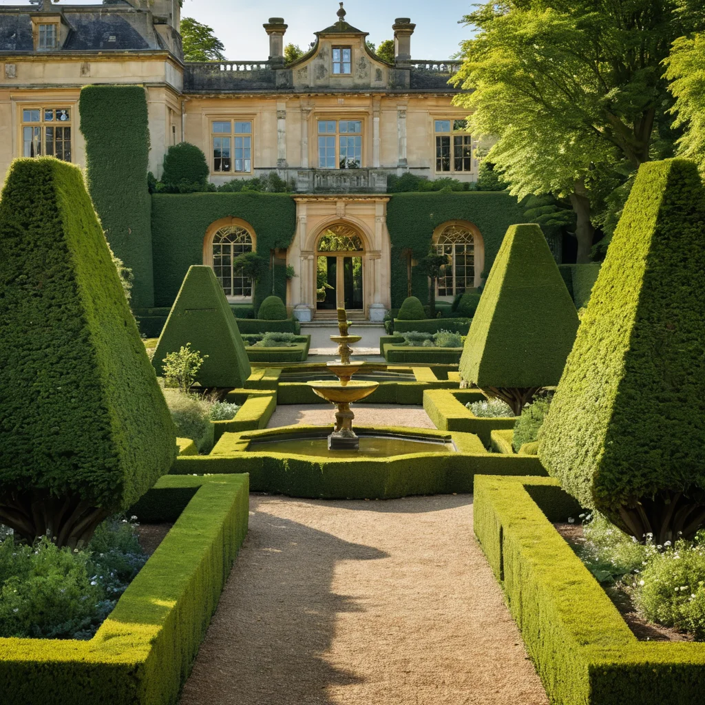 Классический партерный газон с геометрическими узорами, аккуратно подстриженными кустарниками и фонтаном, на фоне величественного поместья в солнечный день.