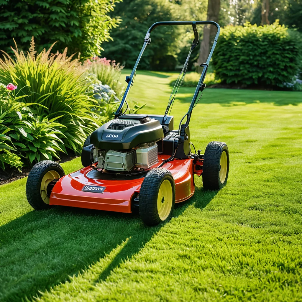 Профессиональная стрижка идеально ровного партерного газона газонокосилкой с острыми лезвиями, создающая четкие полосы на ярко-зеленой траве в солнечный день.