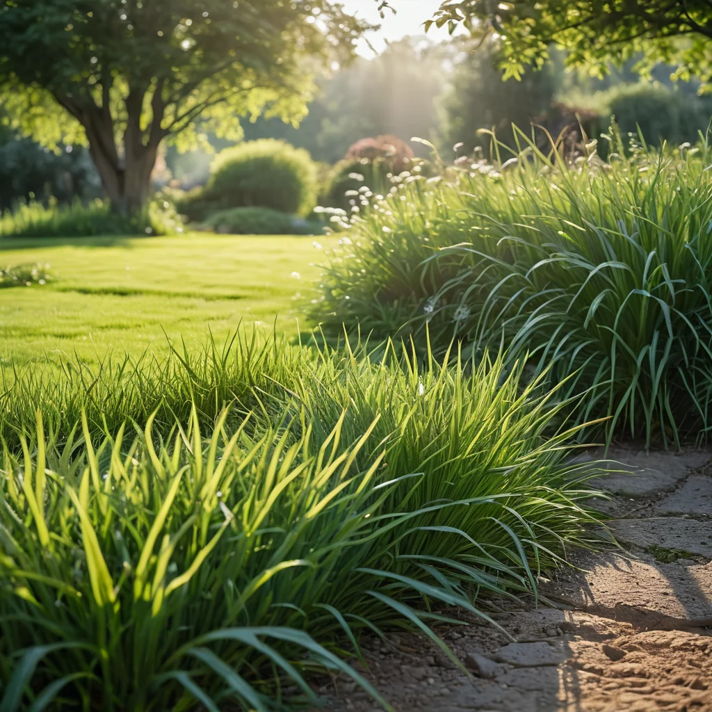 Молодой партерный газон с первыми нежными зелеными ростками, поливаемый мелким распылением в утреннем свете, с намеком на защитную сетку.