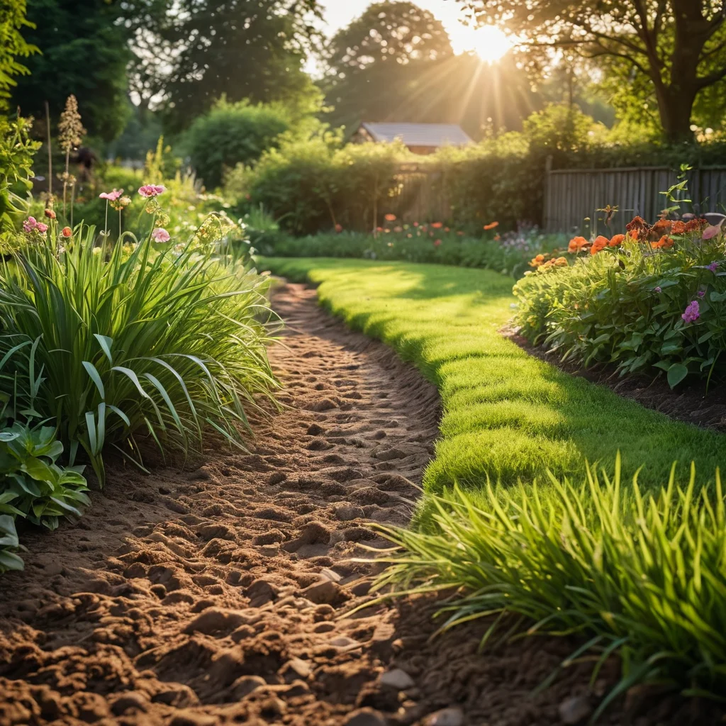 Ручной посев семян газонной травы на подготовленный участок, равномерное распределение семян с помощью грабель в весеннем саду.