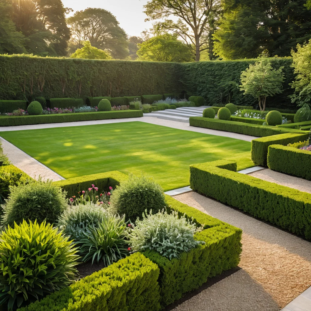 Современный партерный газон с минималистичным дизайном, чистыми линиями и геометрическими формами, дополненный абстрактной скульптурой в городском саду.