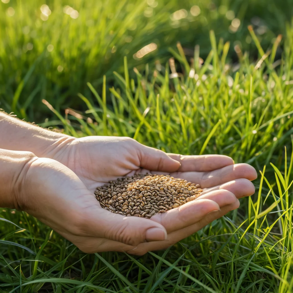 Крупный план мелких семян трав для партерного газона, лежащих на плодородной почве, с акцентом на их крошечный размер и текстуру.