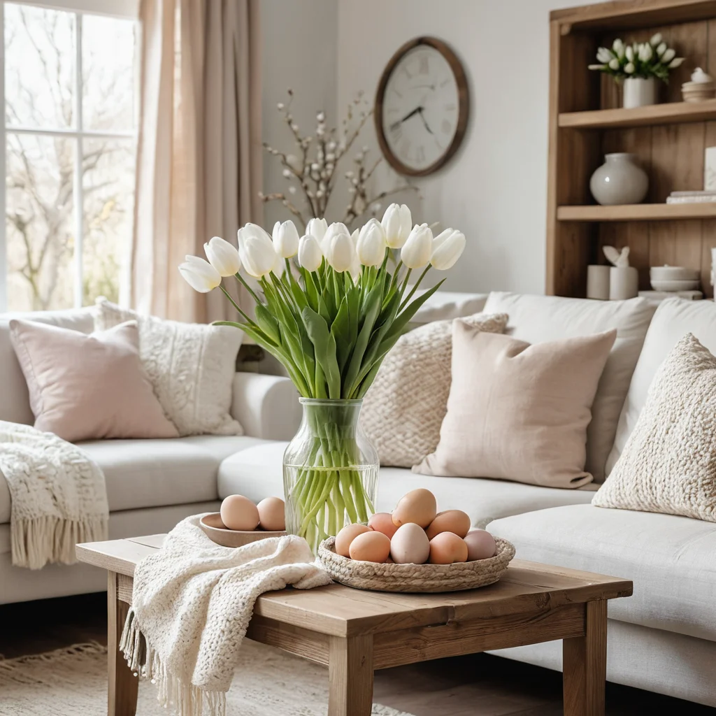 Уютный весенний интерьер гостиной, украшенный к Пасхе. На журнальном столике стоят свежие тюльпаны в элегантной вазе, а рядом лежат декоративные пасхальные яйца и мягкие подушки в пастельных тонах, создавая атмосферу гармонии и прихода тепла.