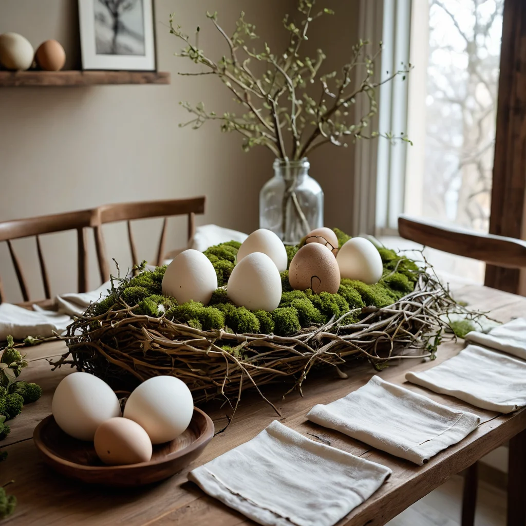 Осознанный пасхальный декор, гармонирующий с природой. На столе разложены натуральные элементы: веточки, мох, деревянные яйца, свежие травы. Минималистичный дизайн и природные материалы подчеркивают экологичность и спокойствие.