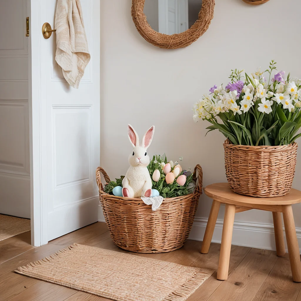 Яркий весенний декор прихожей к Пасхе. На деревянной консоли стоит плетеная корзина со свежими весенними цветами, рядом - милая фигурка зайца и деликатные пасхальные украшения, оживляющие пространство у порога дома.