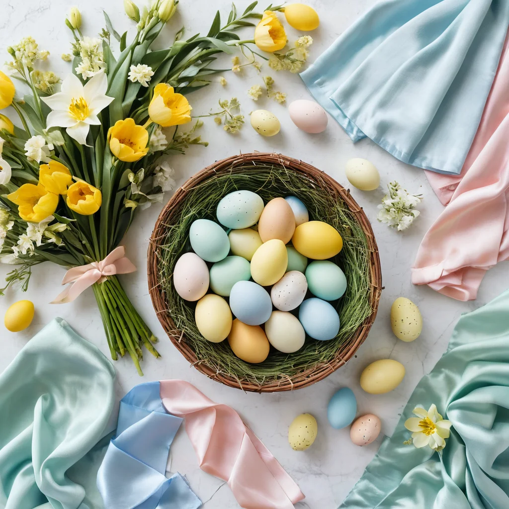Элегантная палитра весенних цветов и пасхальных символов. На плоской поверхности разложены крашеные яйца, свежие весенние цветы (нарциссы, гиацинты) и декоративные элементы в нежных оттенках зеленого, желтого и голубого, приносящие радость и обновление.