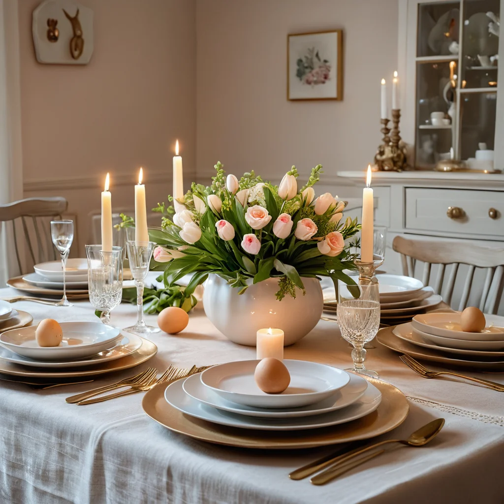 Праздничный пасхальный стол, сервированный для семейного ужина. Элегантная льняная скатерть, свежие весенние цветы в центре стола, свечи и персонализированные детали создают атмосферу тепла, уюта и сердечного праздника.