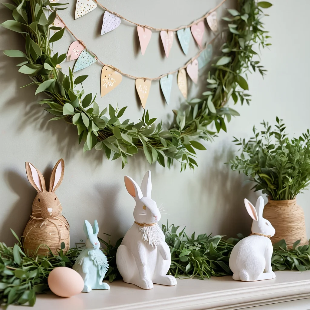 Простая идея пасхального декора своими руками: процесс изготовления гирлянды из бумажных зайчиков и свежих весенних листьев. На столе видны материалы и руки, создающие украшение, которое не требует лишних затрат.