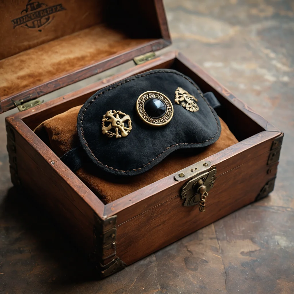 Фотореалистичный крупный план старинной пиратской повязки на глаз, бережно хранящейся в деревянной шкатулке, подчеркивающий ее музейное качество, детализацию и статус текстильной реликвии.
