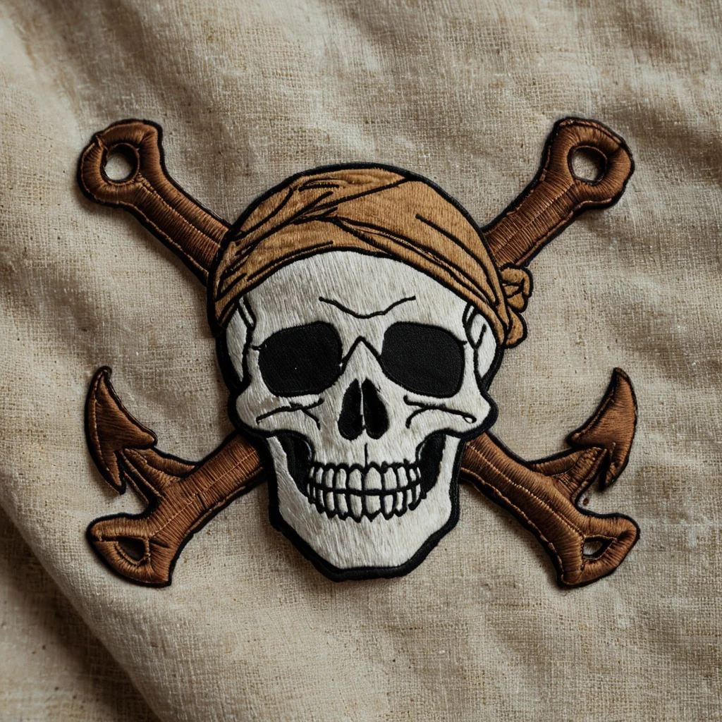 Фотореалистичный крупный план пиратской повязки, украшенной детальной вышивкой в виде черепа и якоря, придающей ей дух приключений и состаренный вид.