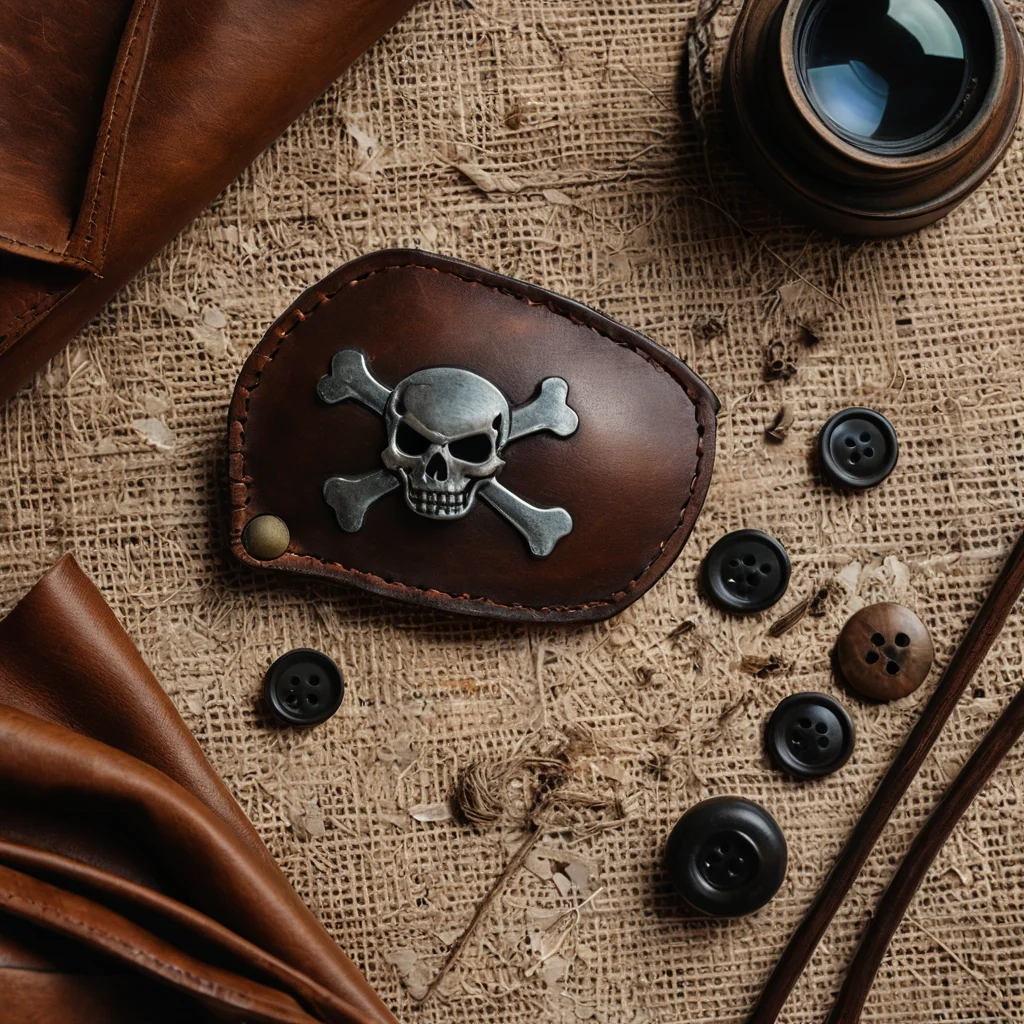 Фотореалистичная раскладка материалов для создания аутентичной пиратской повязки: кусочки кожи, состаренный хлопок, прочные нитки, старинные пуговицы и инструменты на текстурной поверхности.