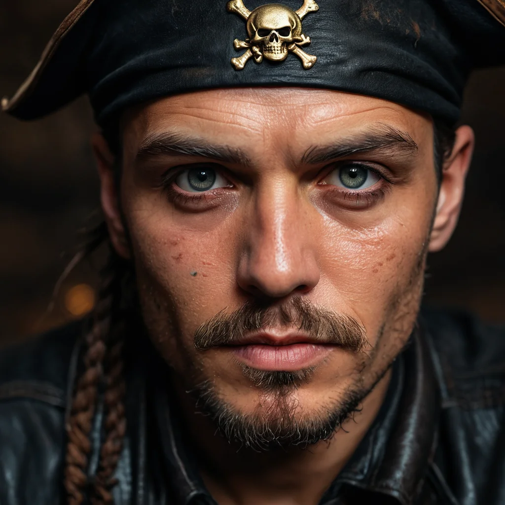 Фотореалистичный крупный план пиратской повязки на глаз, демонстрирующий текстуру состаренной ткани и прочный кожаный ремешок, с акцентом на силе взгляда и намеком на прошлые шрамы.