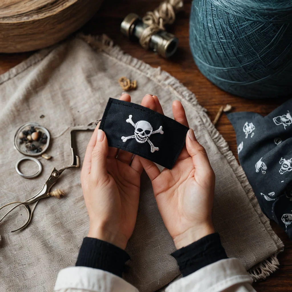 Фотореалистичный вид сверху на руки мастера, шьющего пиратскую повязку для косплея: нитки, иголка, лоскуты ткани и выкройка на рабочем столе в уютной мастерской.