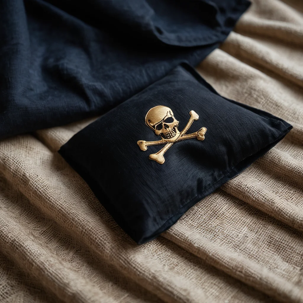 Фотореалистичная композиция из различных тканей, которые могли использовать корсары для пиратских повязок: грубый лен, плотный холст, роскошный бархат, демонстрирующие их текстуру и морское происхождение.
