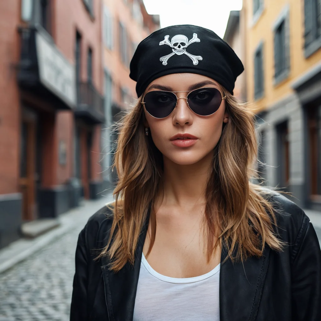 Фотореалистичный снимок современной женщины в стилизованной пиратской повязке на глаз, интегрированной в модный городской образ, демонстрирующий, как придать образу дух Карибского моря.