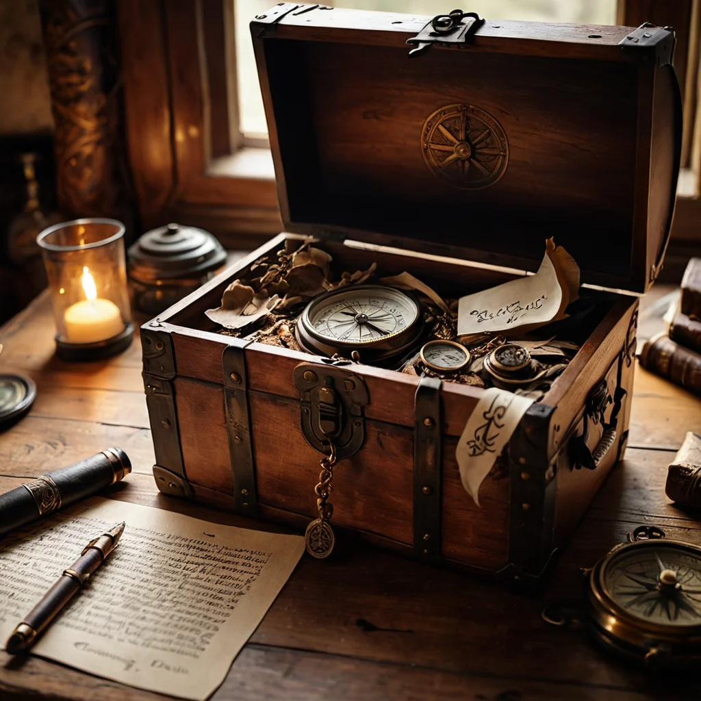 Фотореалистичное изображение старинного пиратского артефакта: повязка на глаз, лежащая на старом пергаменте рядом с компасом и пером, в тусклом освещении, намекающем на исторические корни и тайны.