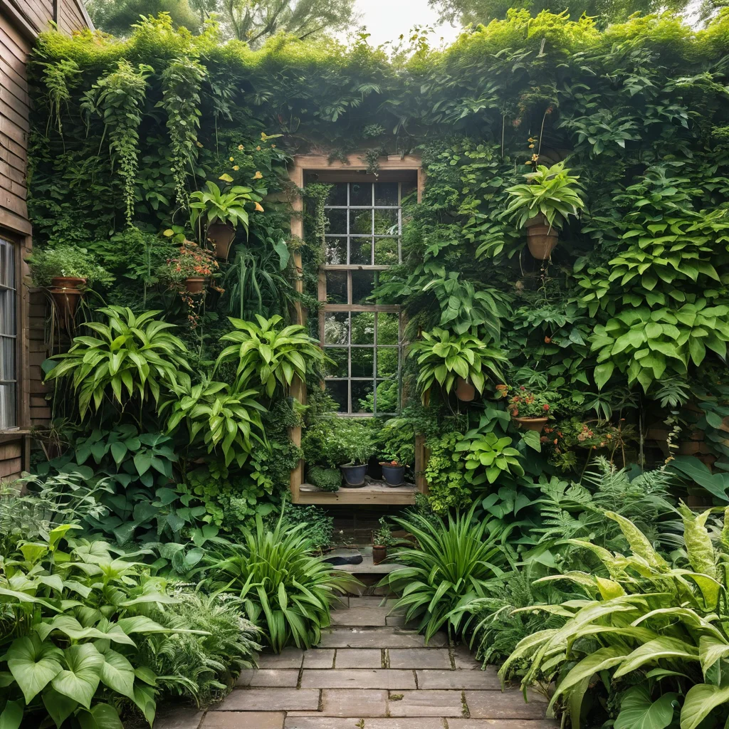 Фотореалистичное изображение типичных ошибок при создании вертикального огорода: увядающие растения, сорняки, плохой дренаж на стене сарая, иллюстрирующее частые проблемы новичков и способы их избежать.