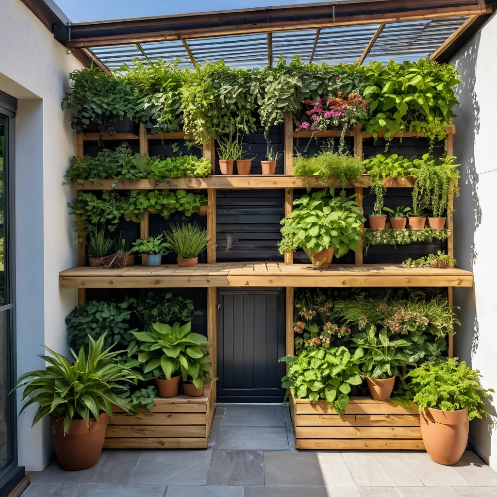 Фотореалистичное изображение модульной системы вертикального огорода с деревянными полками и подвесными кашпо, установленной на стене сарая, демонстрирующее практичные конструкции.