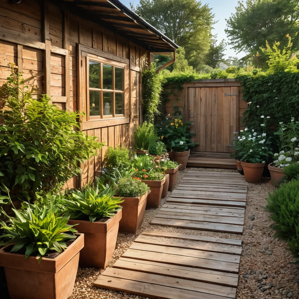 Крупный план фотореалистичного изображения стены сарая, облицованной переработанными деревянными досками, с терракотовыми горшками и слоем дренажного гравия, показывающий выбор материалов для вертикального огорода.