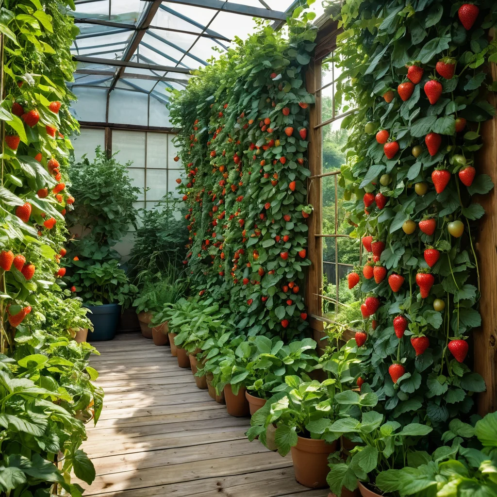 Фотореалистичное изображение вертикального огорода на стене сарая, засаженного клубникой, помидорами, листовой зеленью и ароматными травами, демонстрирующее подходящие растения для выращивания.