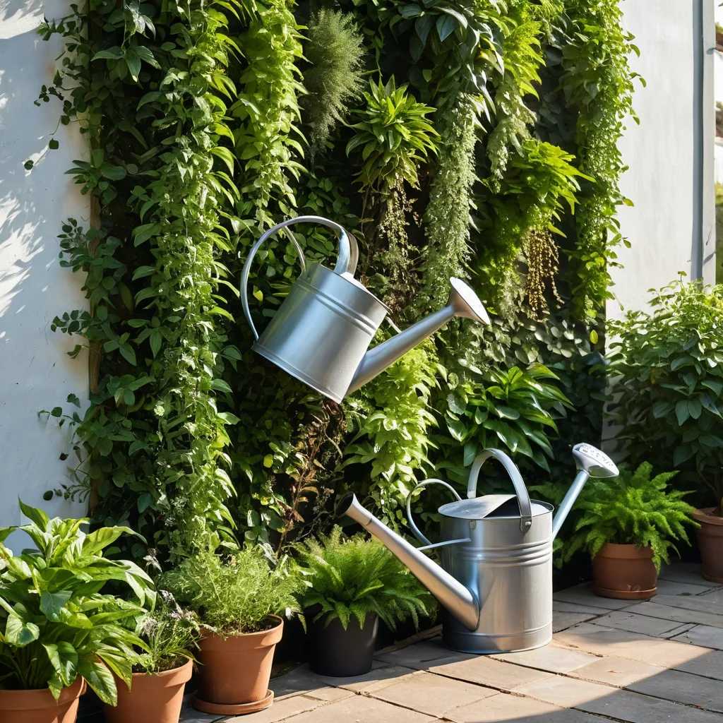 Фотореалистичное изображение процесса ухода за вертикальным огородом: лейка поливает здоровые растения на стене сарая, демонстрируя правильный полив, подкормку и защиту от вредителей.