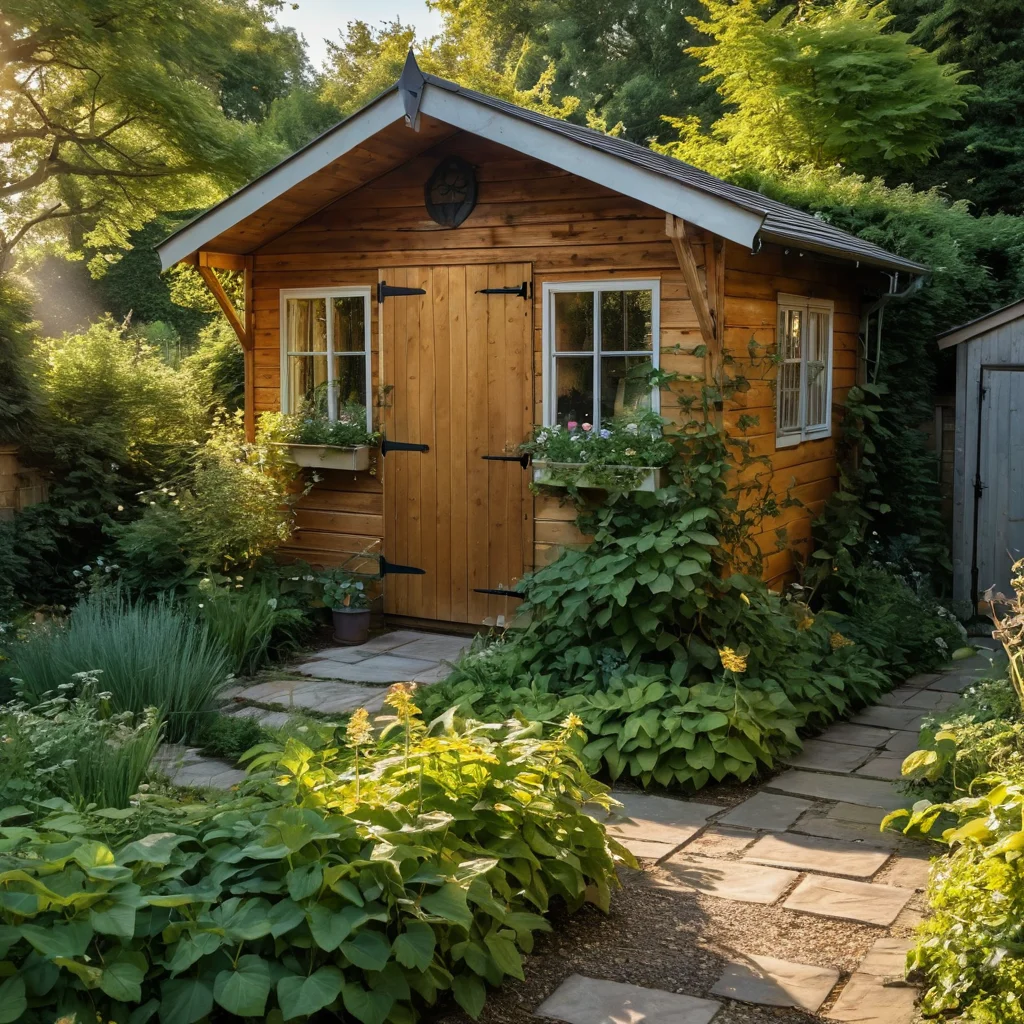 Солнечная стена садового сарая с мягким рассеянным светом и слегка колышущимися на ветру листьями, символизирующая выбор идеального места для вертикального огорода.