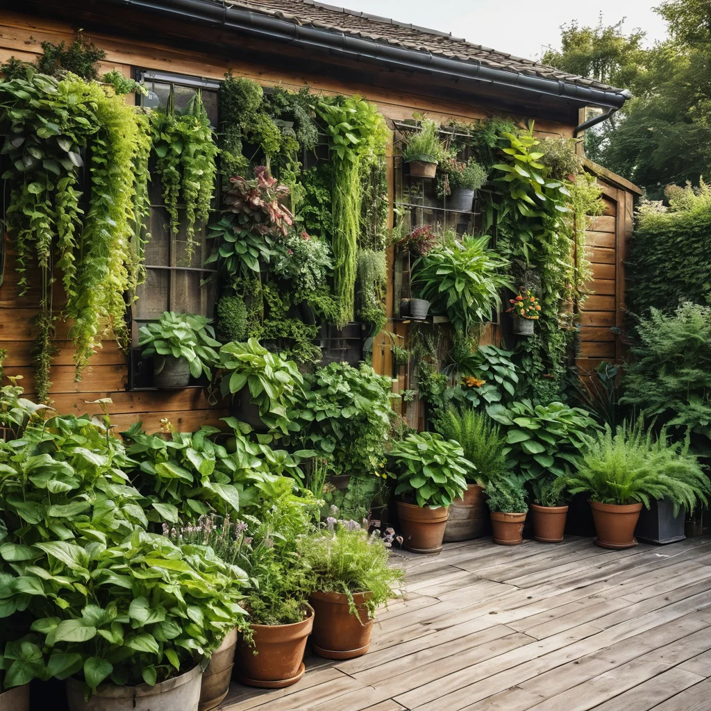 Фотореалистичное изображение вертикального огорода из трав, цветущего пышной зеленью на стене старого сарая, демонстрирующее вдохновляющие идеи для компактного садоводства.