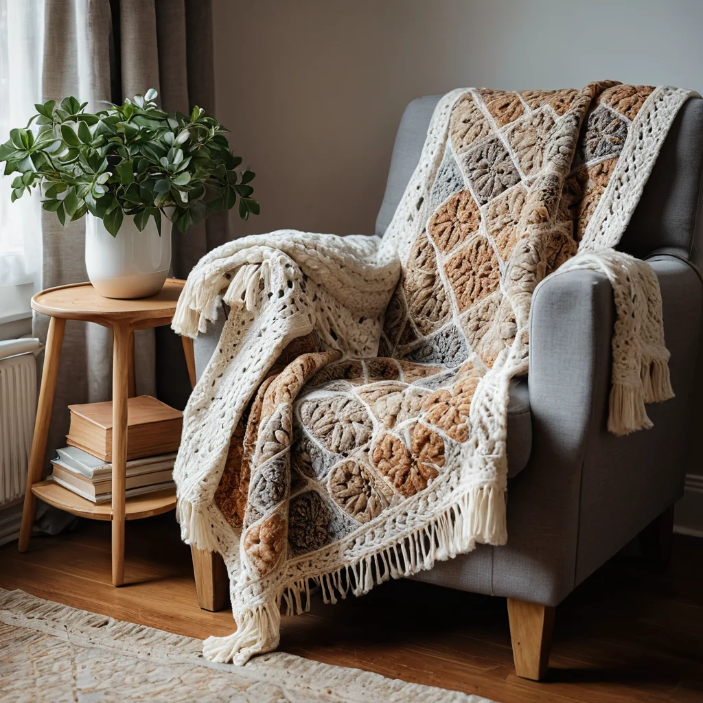 Пушистый плед "бабушкиными квадратами" из натуральной пряжи, небрежно накинутый на уютное кресло, создает атмосферу домашнего тепла и комфорта в гостиной, освещенной мягким утренним светом.