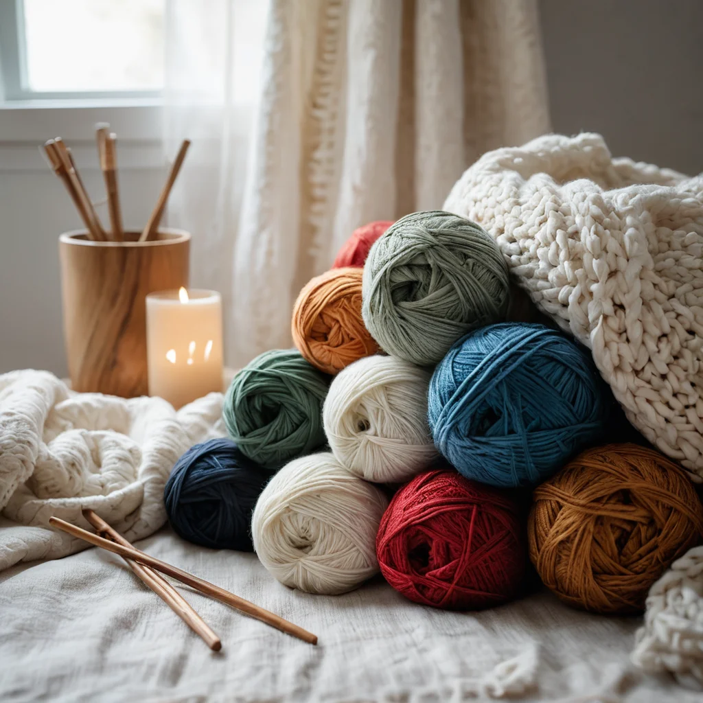 Разноцветные мотки мягкой пряжи — шерсть мериноса, хлопок, бамбук — аккуратно разложены рядом с набором эргономичных крючков для вязания, подчеркивая важность выбора качественных материалов и инструментов для создания долговечного и приятного на ощупь пледа.