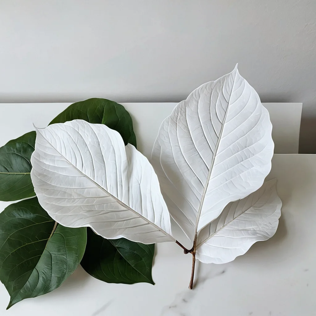 Минималистичные белые листья из фоамирана в скандинавском стиле, демонстрирующие чистый дизайн и натуральные текстуры, как часть DIY-декора для дома в стиле хюгге.