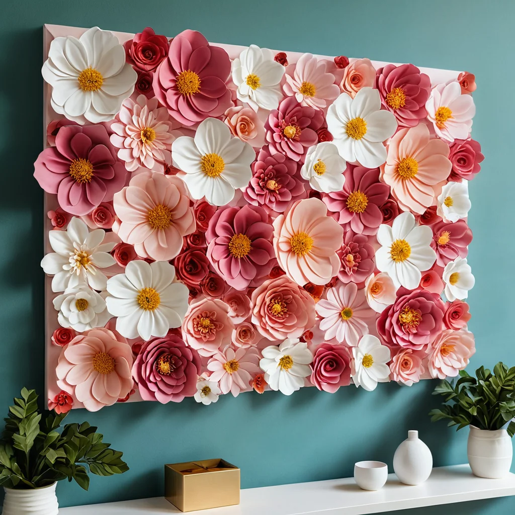 Яркие, реалистично выглядящие цветы из фоамирана, созданные своими руками, украшающие стену в гостиной в качестве бюджетного элемента DIY-декора для дома.