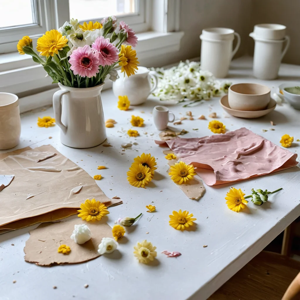 Загроможденный стол для рукоделия с видными ошибками новичка: капли клея, неровные срезы и плохо сформированные цветы из фоамирана, как иллюстрация типичных промахов при создании DIY-декора.