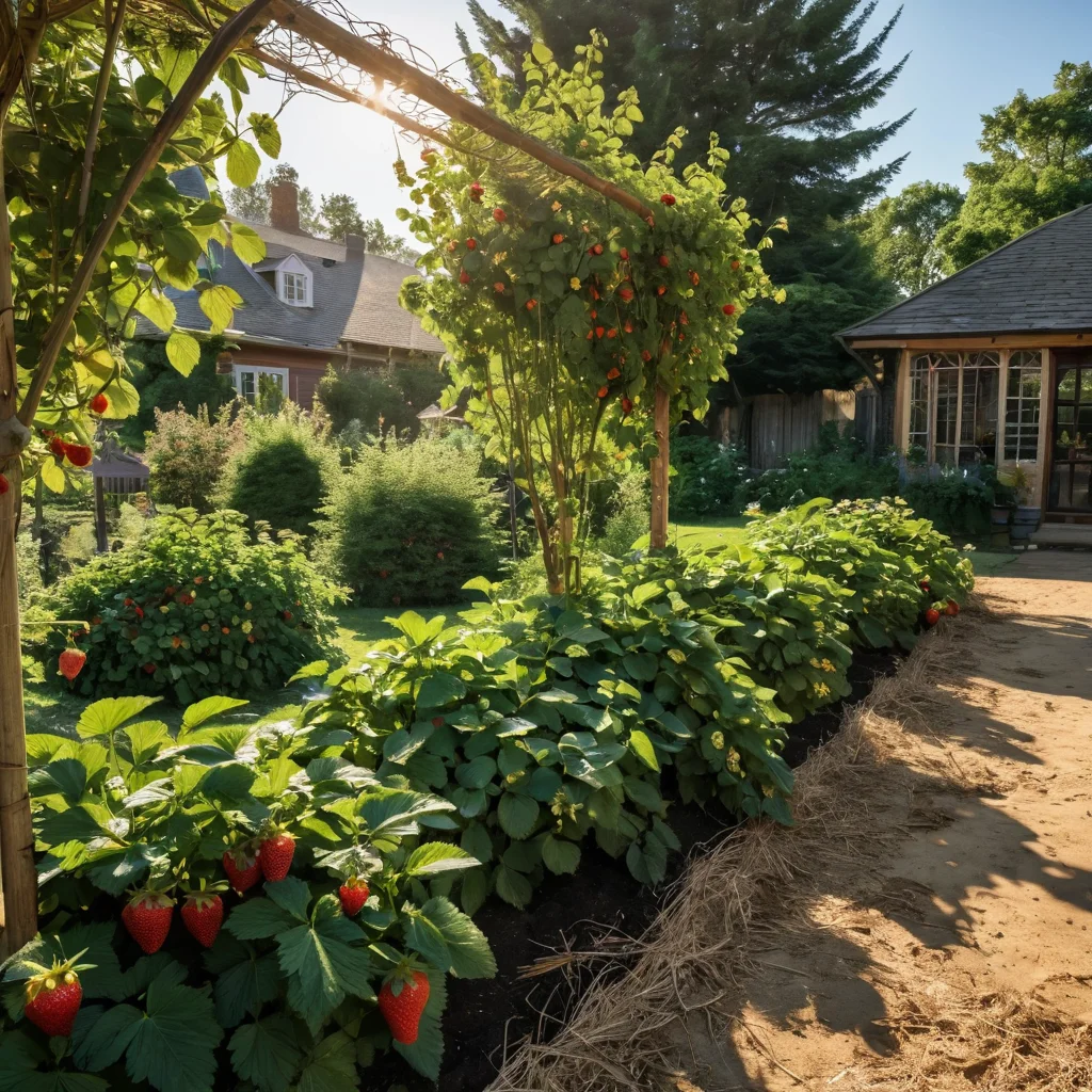 Клубника на подставках с дополнительной защитой: слой соломенной мульчи под кустами и легкая сетка над грядкой, оберегающая ягоды от птиц и влаги.