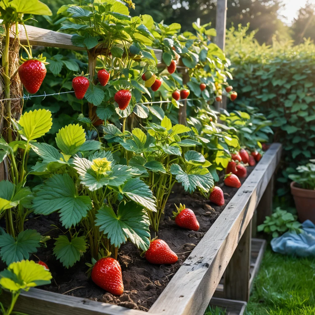 Руки садовника, создающие самодельные подставки для клубники из проволоки и пластиковых бутылок, демонстрируя процесс изготовления и установки для защиты ягод.