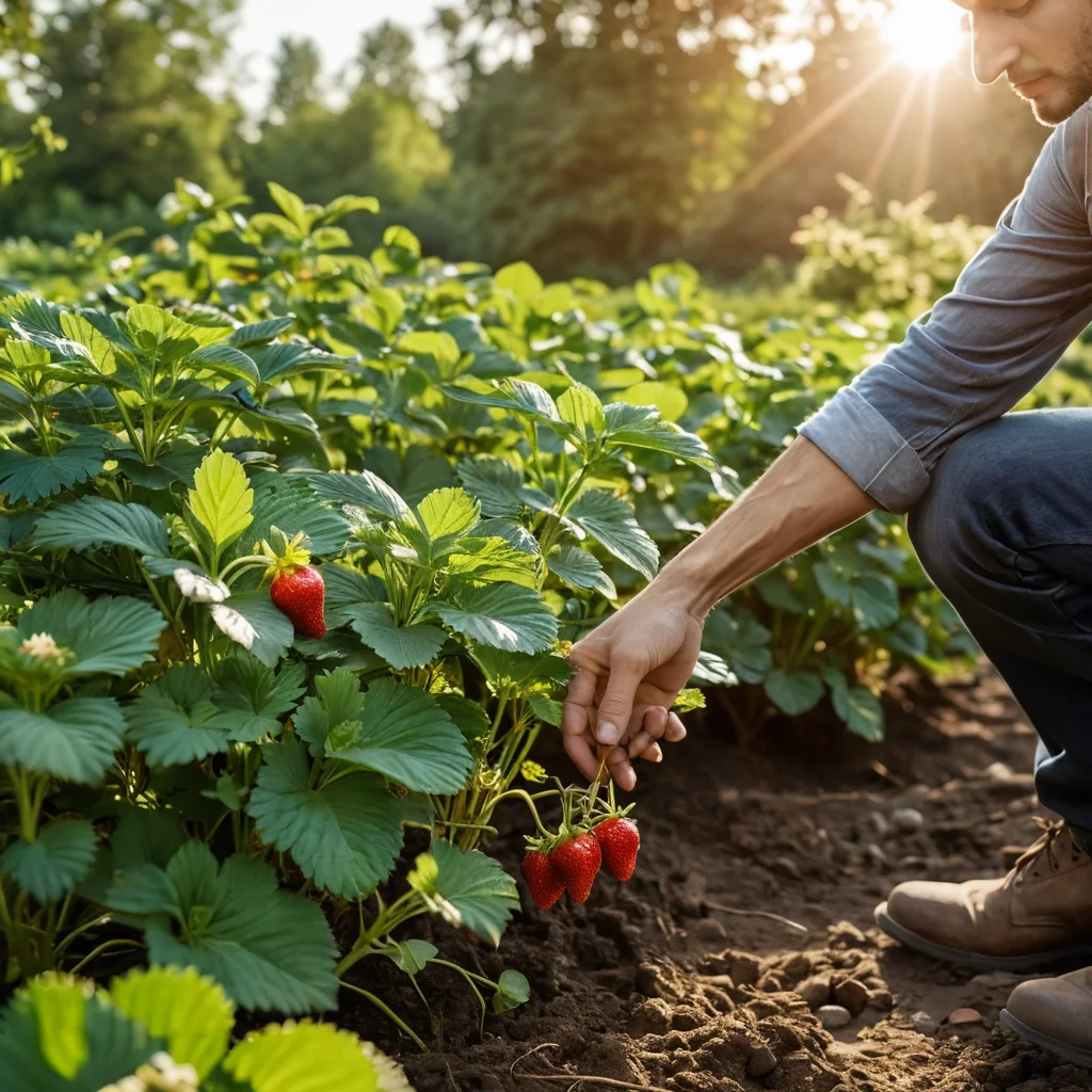 Садовник аккуратно устанавливает подставки под молодые кусты клубники, когда ягоды только начинают формироваться, обеспечивая правильное положение для предотвращения контакта с землей.
