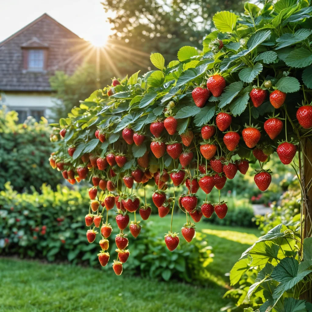 Изобилие спелых, сочных ягод клубники, полностью поднятых над землей подставками, без единого признака гнили, готовых к сбору в солнечном саду.