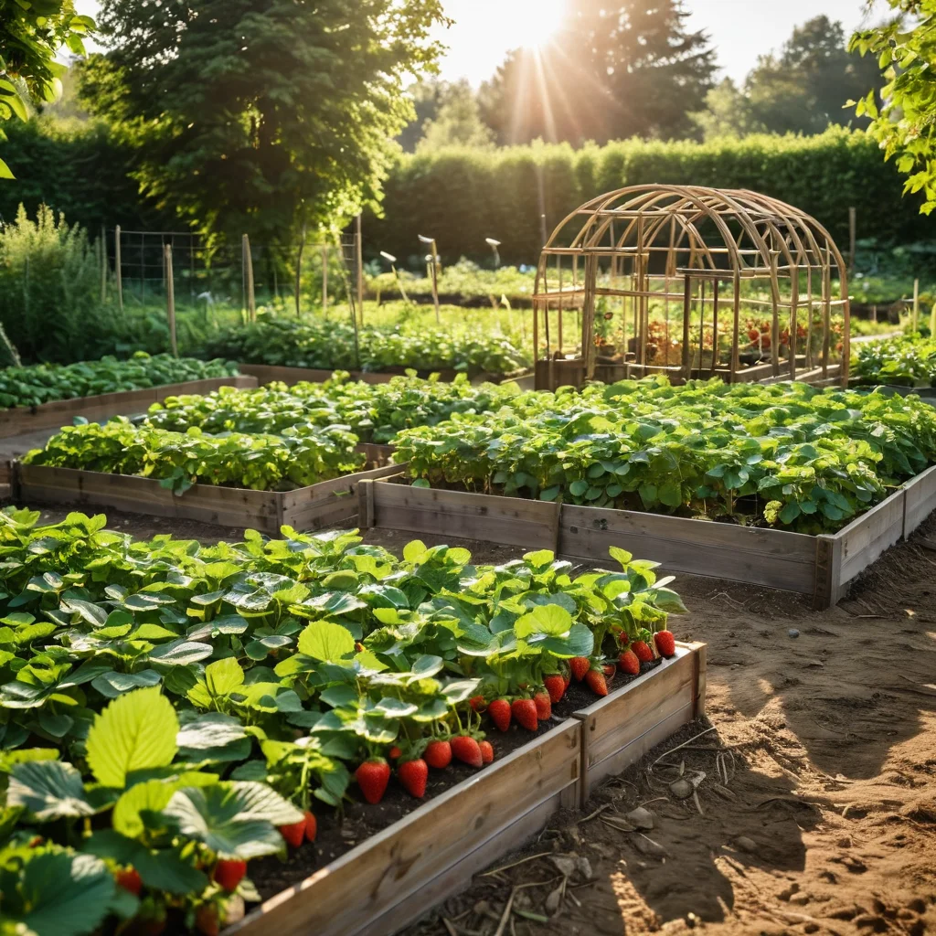 Разнообразие подставок для клубники: фабричные пластиковые круги, металлические решетки и самодельные конструкции из дерева и подручных материалов, установленные на грядке с клубникой.