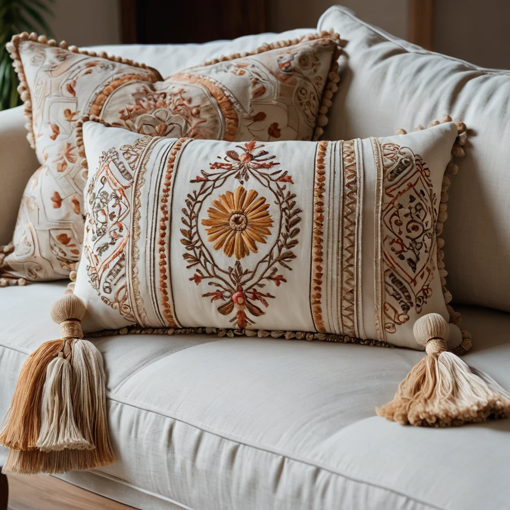 Крупный план декоративной подушки-валика с ручной вышивкой, кистями и аппликацией, демонстрирующий уникальные приемы оформления.