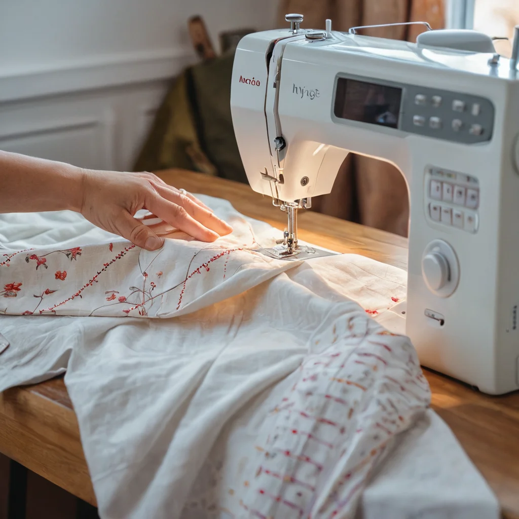 Процесс пошива подушки-валика: руки швеи за швейной машинкой, ткань, выкройки, нитки, показывающие этапы создания классического валика.