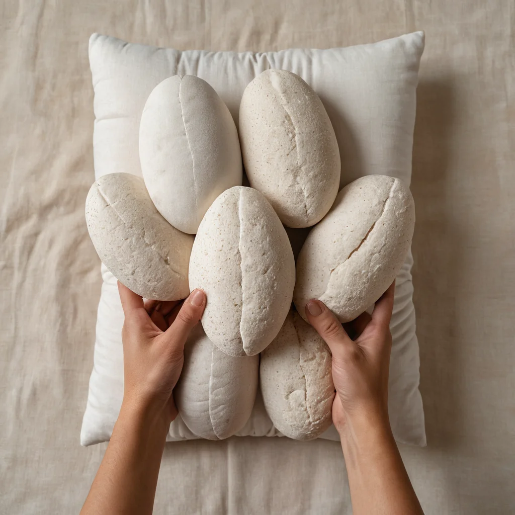 Руки, демонстрирующие различные наполнители для подушки-валика: от натуральных волокон до упругого холлофайбера, акцентируя внимание на их текстуре и свойствах.