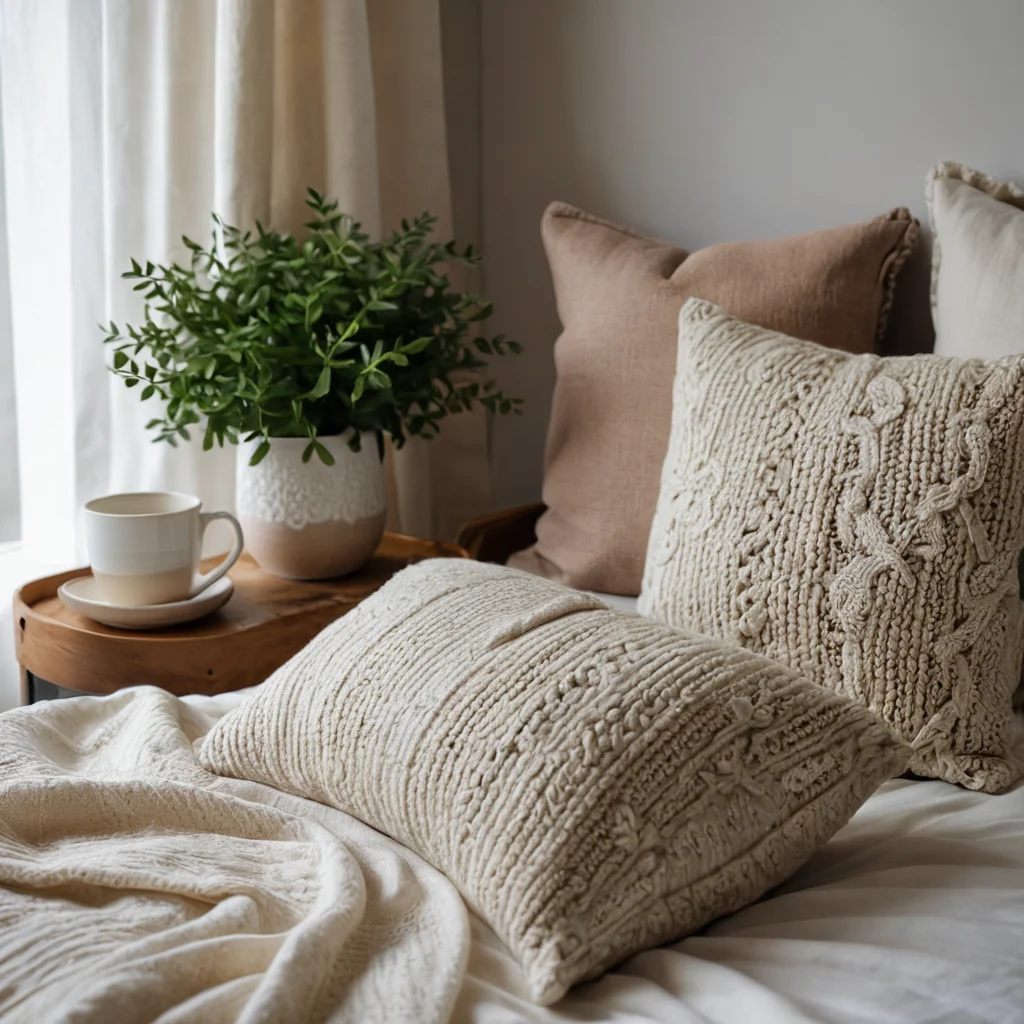 Прекрасно выполненная подушка-валик ручной работы, окруженная уютными предметами декора, символизирующая осознанное творчество и гармонию в доме.