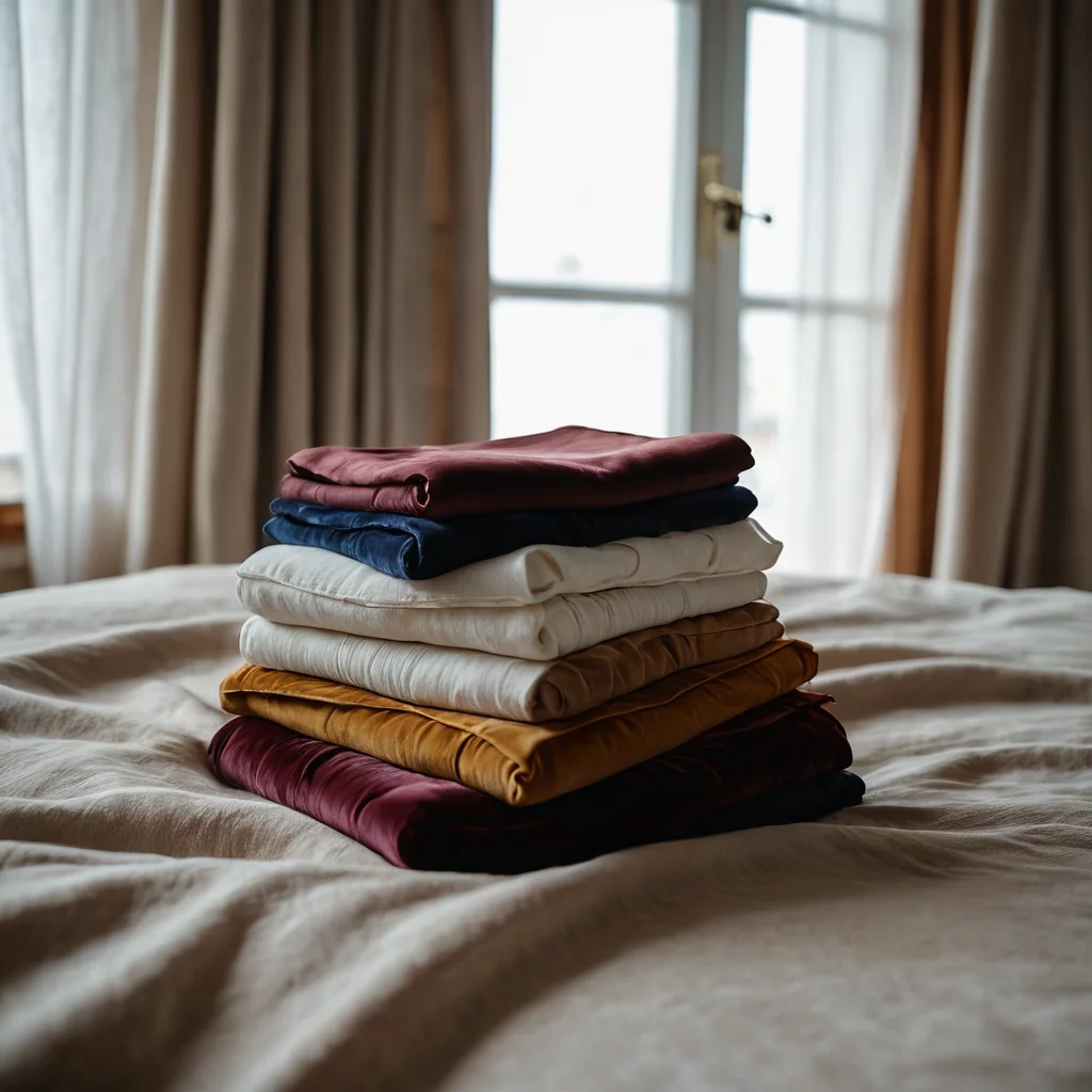 Крупный план различных тканей для подушки-валика: мятый лен, плотный хлопок, роскошный бархат, показывающие их текстуру и красоту.