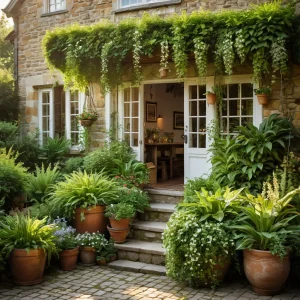 Уютный подвесной сад, утопающий в пышной зелени, с растениями в старинных кашпо на фоне дачного домика в солнечный день.